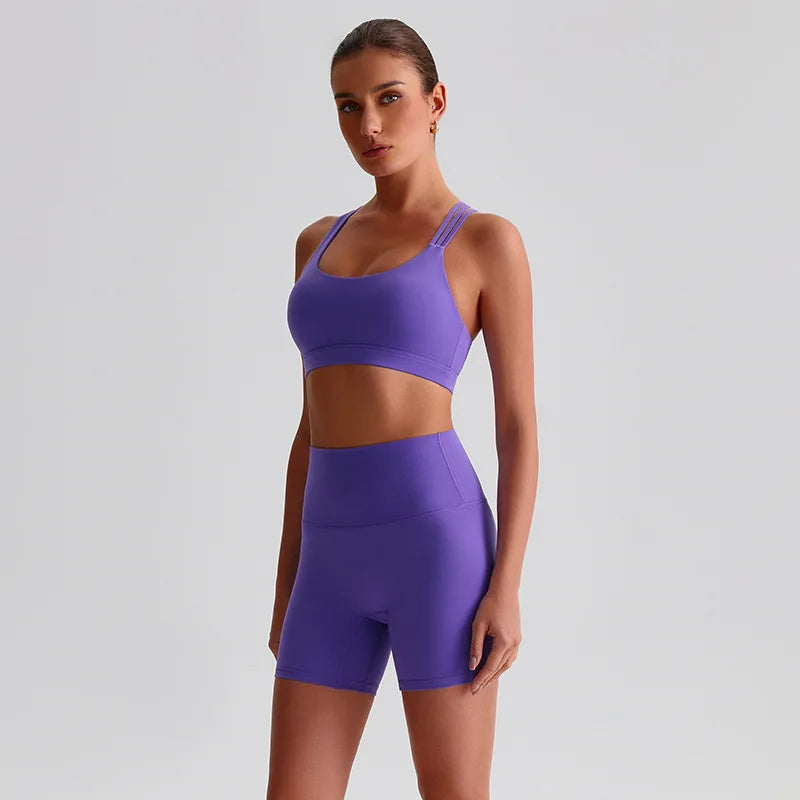 Solid Color High Impact Solid Gym Yoga Set Tight Legging Fitness Cross-back straps Bra Top 2pcs Soft Sport Suit  Women Sportwear