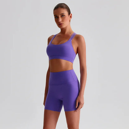 Solid Color High Impact Solid Gym Yoga Set Tight Legging Fitness Cross-back straps Bra Top 2pcs Soft Sport Suit  Women Sportwear