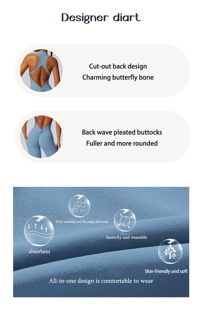 Summer V Back One-piece Suit Women Sports Jumpsuit Zippers Yoga Rompers Backless Sportswear Women Sleeveles Workout Bodysuits