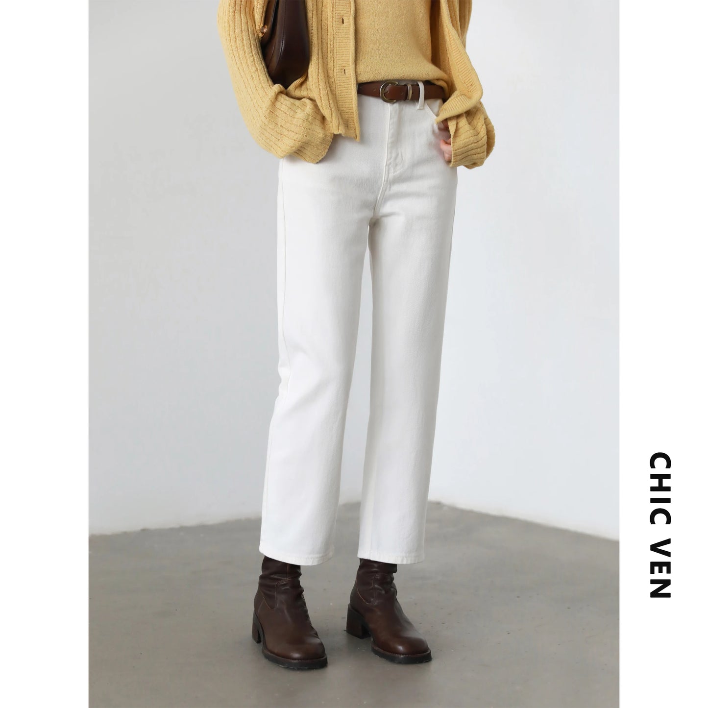 CHIC VEN Women Pants White Slim High Waisted Cotton Straight Leg Casual Slim Leg Jeans Girl Trouser Spring Autumn 2025