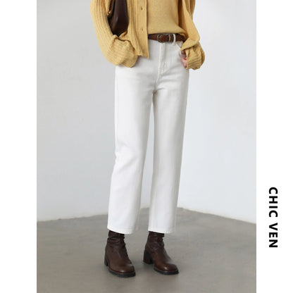 CHIC VEN Women Pants White Slim High Waisted Cotton Straight Leg Casual Slim Leg Jeans Girl Trouser Spring Autumn 2025