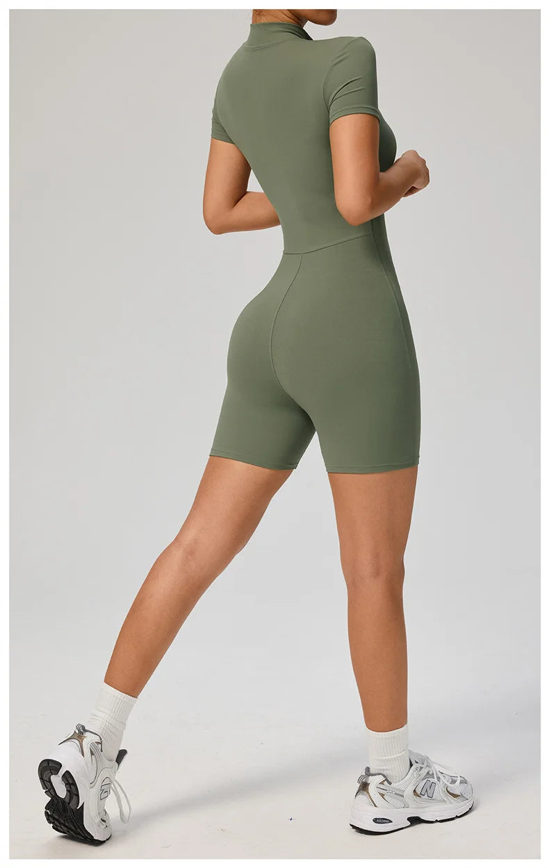 TRY TO BN Sports Jumpsuit Zipper Short Sleeves Yoga Sportswear Fitness Workout Bodysuit One Piece Suits Tights Gym Woman Clothes