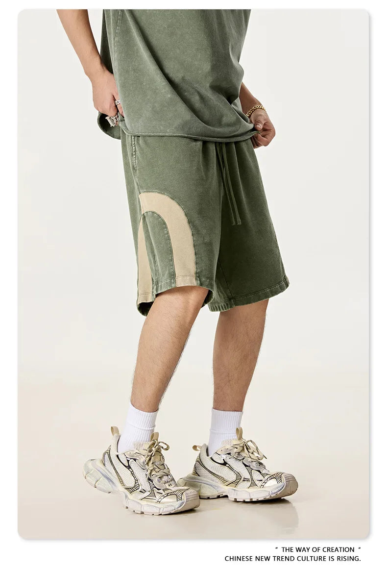 Customized LOGO men's summer European and American hip-hop style splicing contrasting shorts loose straight five-point pants