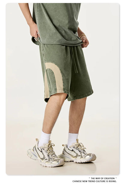 Customized LOGO men's summer European and American hip-hop style splicing contrasting shorts loose straight five-point pants