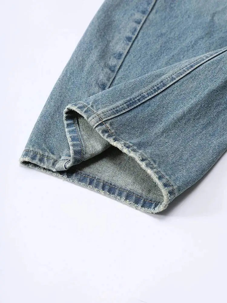 DEAT Fashion Cross Buckle Waist Baggy Jeans Women's High Waist Loose Fit Vintage Blue Denim Pants Sumemr New