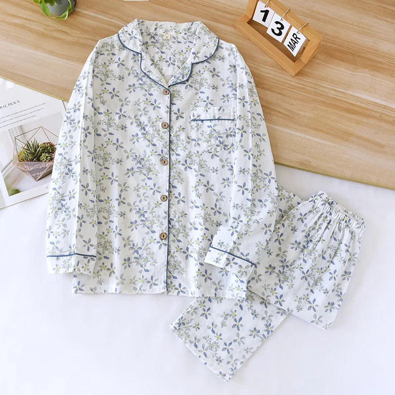 Spring/Summer 2026 New Women's 100% Cotton Gauze Thin Long Sleeve Pants Two Piece Cardigan Homewear Set Sleepwear Pijama