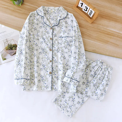 Spring/Summer 2026 New Women's 100% Cotton Gauze Thin Long Sleeve Pants Two Piece Cardigan Homewear Set Sleepwear Pijama