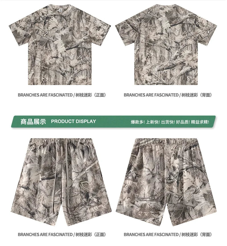Custom LOGO men's summer camouflage splicing 240G quick-drying cotton polyester short-sleeved T-shirt loose sports shorts set
