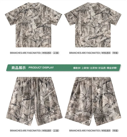 Custom LOGO men's summer camouflage splicing 240G quick-drying cotton polyester short-sleeved T-shirt loose sports shorts set