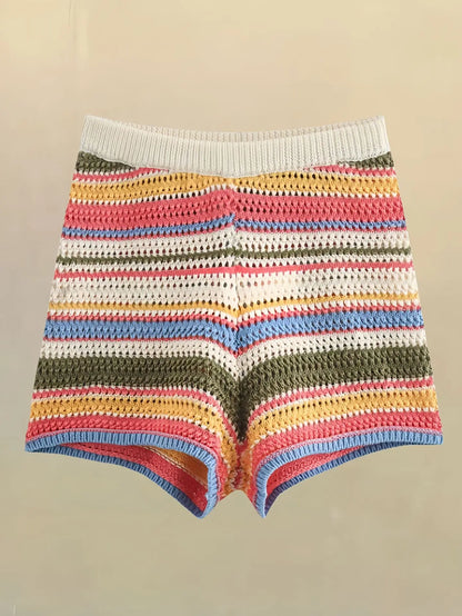 Women Patchwork Striped Hollow Out Crochet Knitted Crop Sweater Shorts Set Short Sleeve Polo Collar Sweater Knit Shorts Suit Y2K