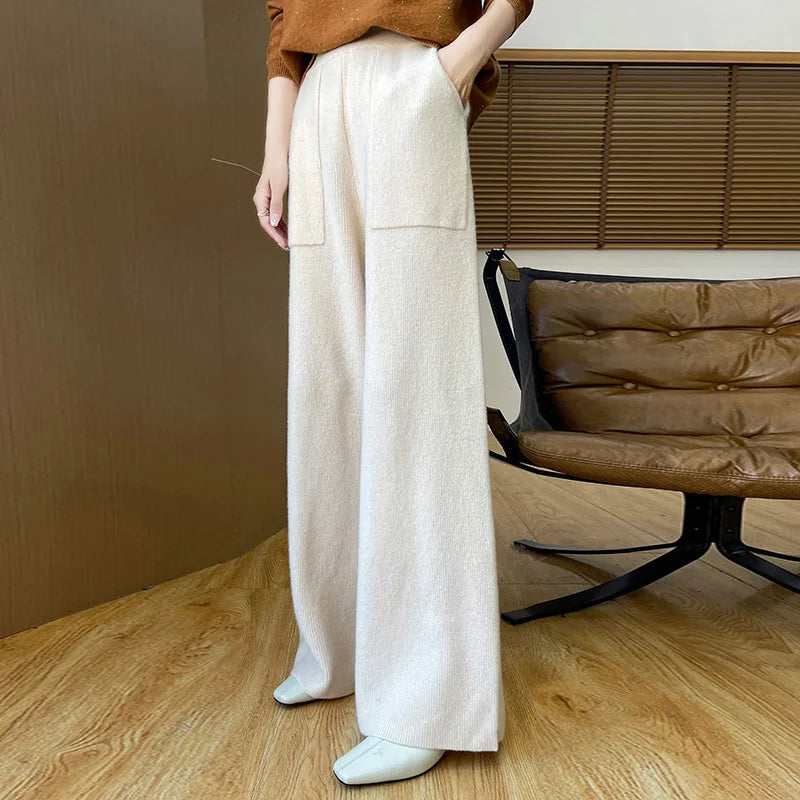 DjzDsm Women's Autumn Spring Knitted Floor-Length Wide Leg Pants 100% Merino Wool Long Trousers