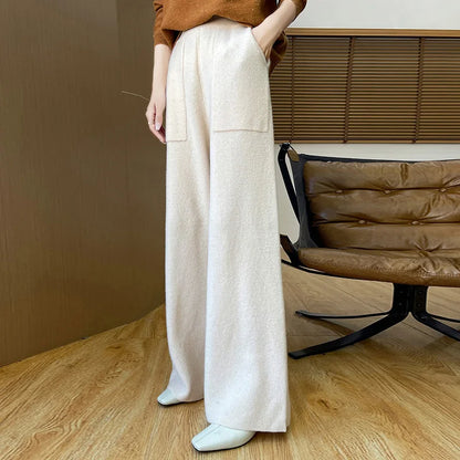 DjzDsm Women's Autumn Spring Knitted Floor-Length Wide Leg Pants 100% Merino Wool Long Trousers
