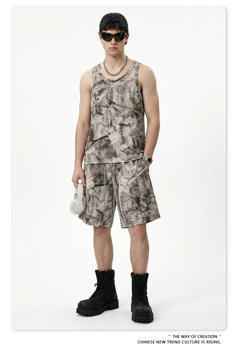 Custom LOGO men's 315G cotton polyester summer American street camouflage loose sports vest shorts outdoor fitness set