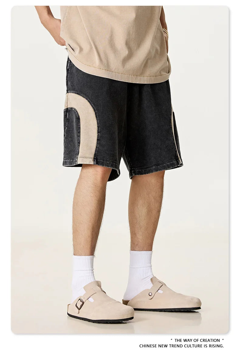 Customized LOGO men's summer European and American hip-hop style splicing contrasting shorts loose straight five-point pants