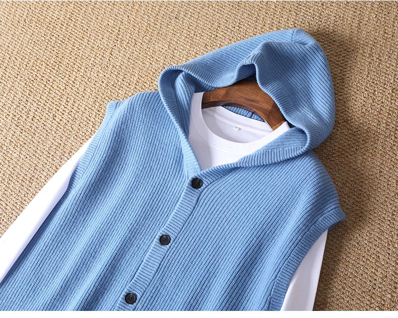 2025 Autumn/Winter Men's Vest 100% Merino Wool Knit Hooded Cardigan Casual Loose Sleeveless Solid Color Men's Cashmere Sweater