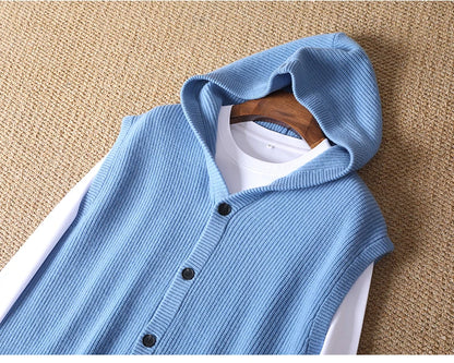 2025 Autumn/Winter Men's Vest 100% Merino Wool Knit Hooded Cardigan Casual Loose Sleeveless Solid Color Men's Cashmere Sweater