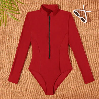 S - 2XL 4 Colors Long Sleeve With Zipper Surf Rash Guard One Piece Swimsuit Women Swimwear Female Bather Bathing Suit Swim V6266