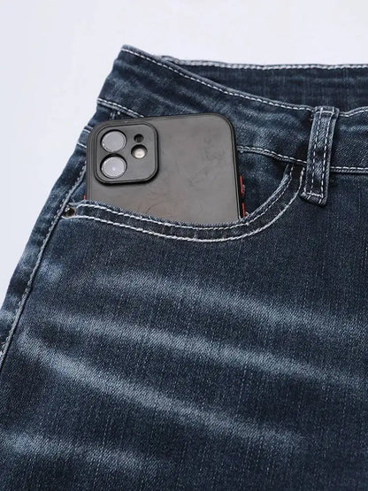 DEAT Fashion Flared Denim Jeans Women's Mid Rise Whiskered Wash Dark Blue Bootcut Jeans Summer New