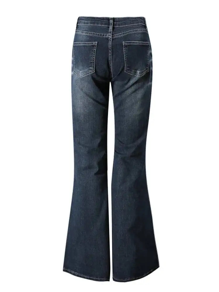 DEAT Fashion Flared Denim Jeans Women's Mid Rise Whiskered Wash Dark Blue Bootcut Jeans Summer New