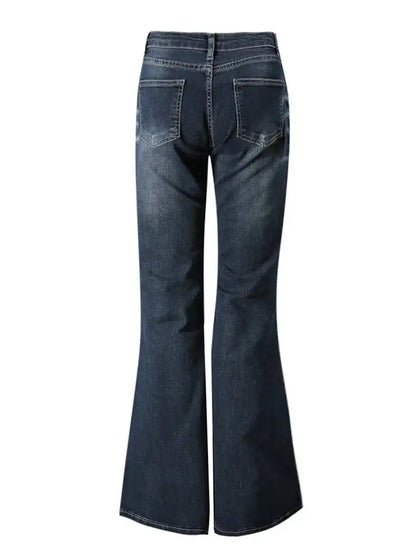 DEAT Fashion Flared Denim Jeans Women's Mid Rise Whiskered Wash Dark Blue Bootcut Jeans Summer New