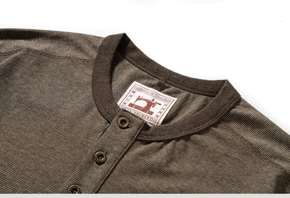 Men's American Retro T-shirt Heavyweight Loose Fit Short Sleeve Henry Collar Neutral Design Casual Loose Shirt