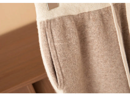 Autumn Winter Thick 100% Merino Wool Contrasting Splicing Casual Sports Pants Men Versatile Knitted Sweatpants Straight Leg Pant