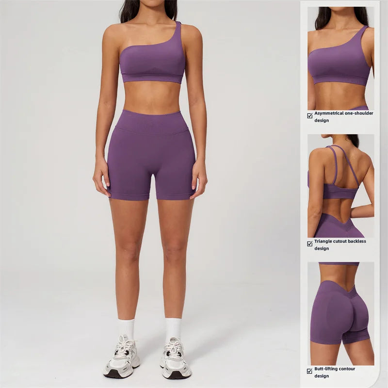 TRY TO BN Seamless Two Pieces Women's Tracksuit Yoga Shorts Set One-shoulder Hollow Backless Fitness Running Workout Gym Clothes