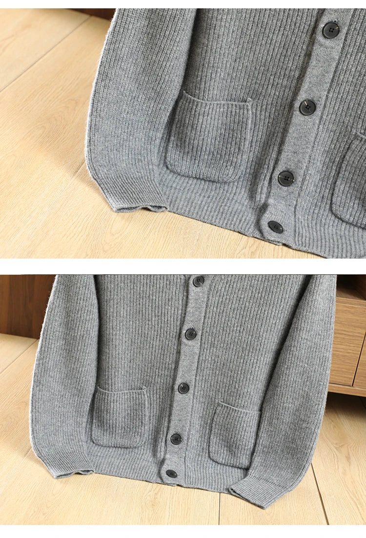Men High Quality Polo Collar Cardigan Autumn Winter Thick Buttons 100% Merino Wool Sweater Smart Casual Coat Cashmere Knitwear