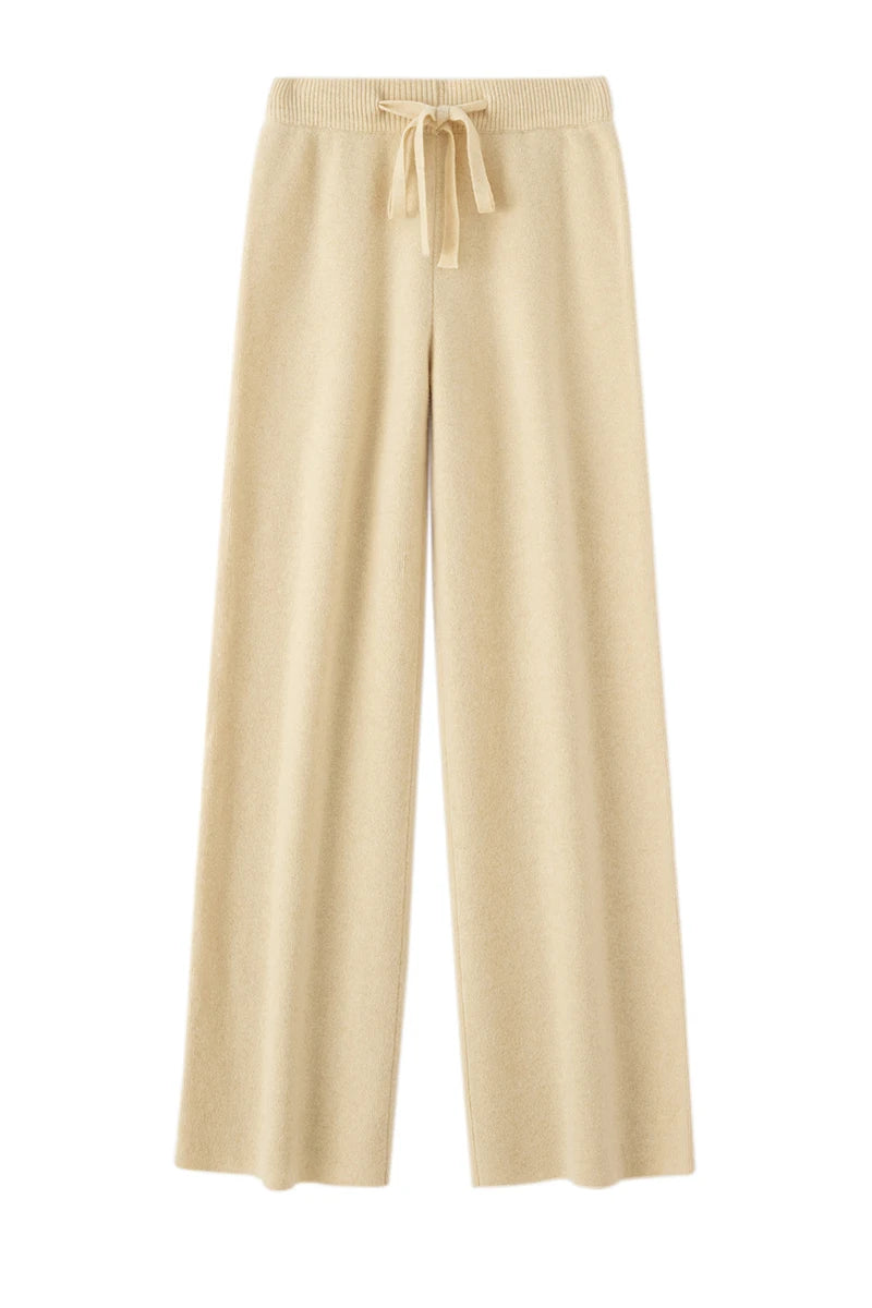 Autumn Winter Fashion Basic Women 100% Merino Wool Wide Leg Pants  Simple Style Cashmere Knitted Trousers Loose Casual Pants