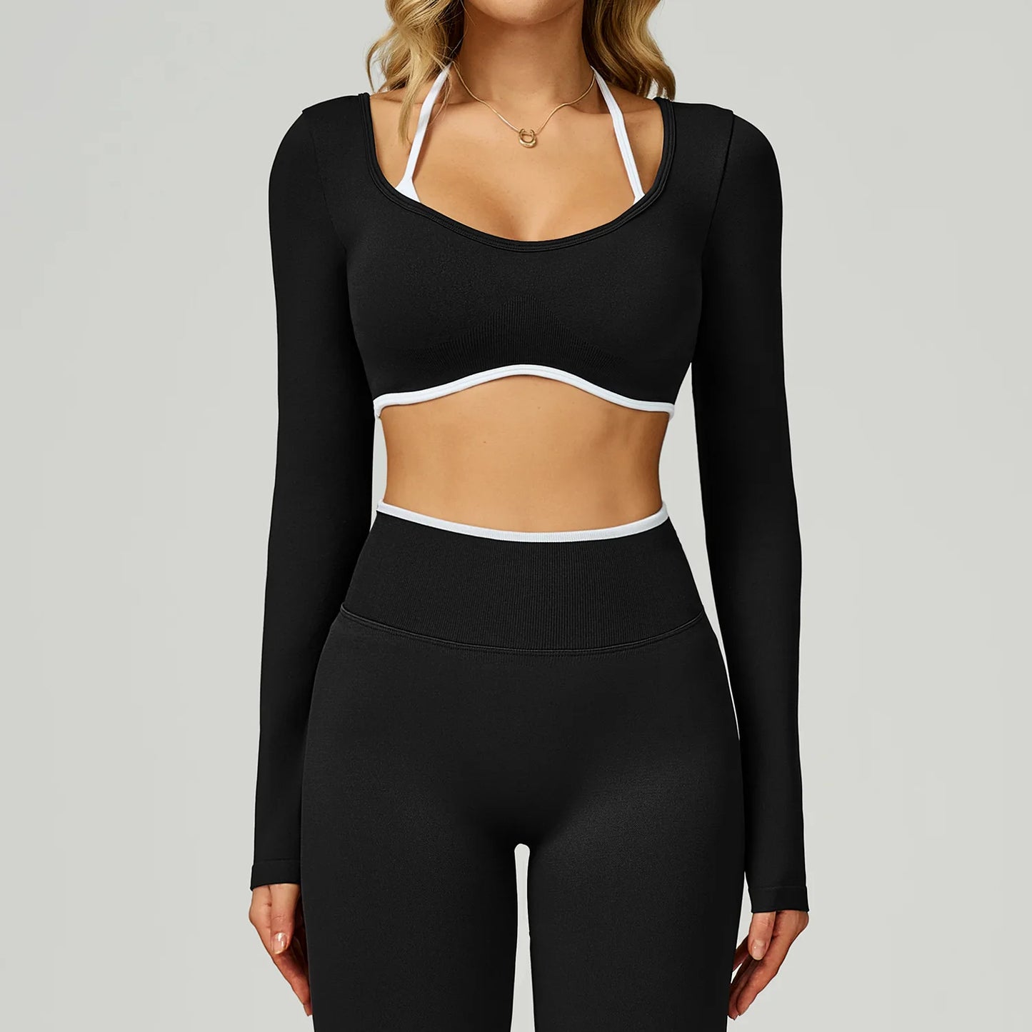 Women Sexy Solid Crop Tops Gym Workout Shirts Yoga Sports Long Sleeve Female Fitness T-Shirt Exposed Navel Quick Dry Sports Tops