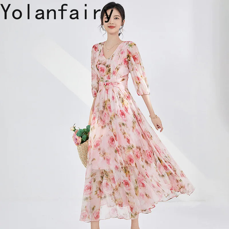 YOLANFAIRY 100% Real Silk Floral Dresses Woman Summer Clothes Elegant Mulberry Silk Pink Dress Romantic Women's Birthday Dress