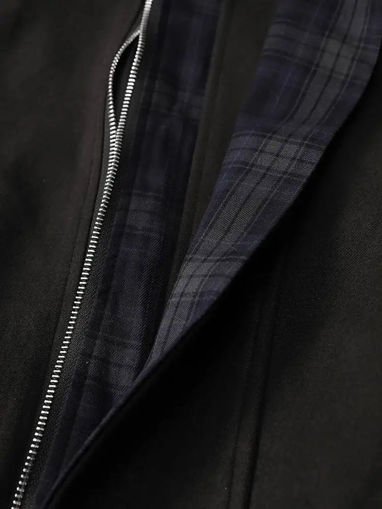 DEAT Fashion Cropped Bomber Jacket Women's Plaid Collar Loose Black Zipper Outerwear Short Coat Spring Autumn New