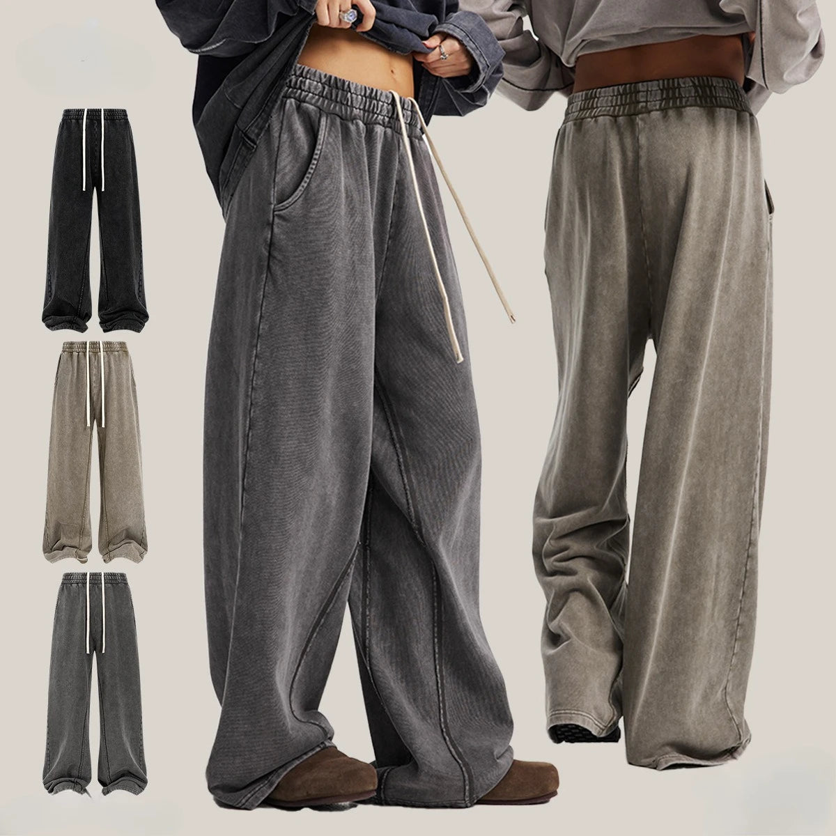 Custom LOGO Men's New 380G Heavy 100% Cotton 2025 Loose Retro Wide Leg Scattered Sports Casual Pants
