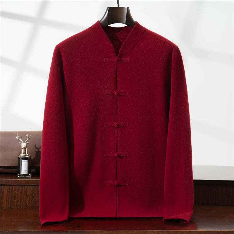 100%Pure Wool Chinese style buckle Cardigan Men Sweater Casual Comfort Knitted Long Sleeve Men's Wool Sweater Spring Autumn Coat