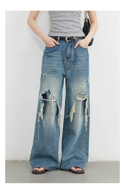 CHIC VEN Women Jeans Loose Casual High Waisted Wide Leg Ripped Rough Edge Denim Pants Female Trousers Spring Autumn 2025