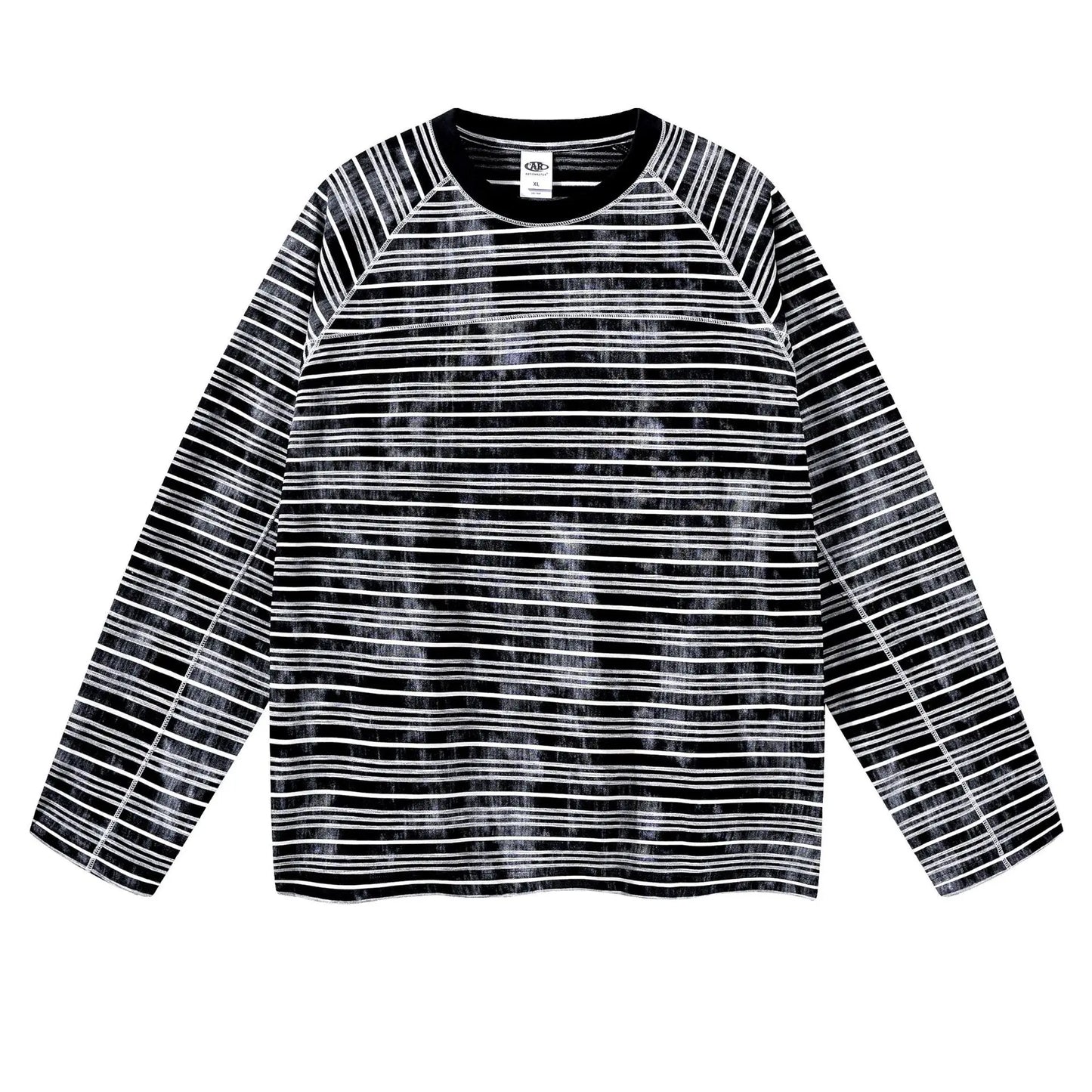Custom LOGO Men's Cotton Polyester 210G Retro Dirty Dyeing Room Strips Shoulder Rugged Couple Long Sleeve Knitted T-Shirt Top