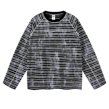 Custom LOGO Men's Cotton Polyester 210G Retro Dirty Dyeing Room Strips Shoulder Rugged Couple Long Sleeve Knitted T-Shirt Top