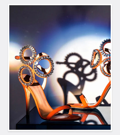 2024 New Dress Wedding Shoes with One Word Water Diamond Fine Heel Roman Women's Sandals