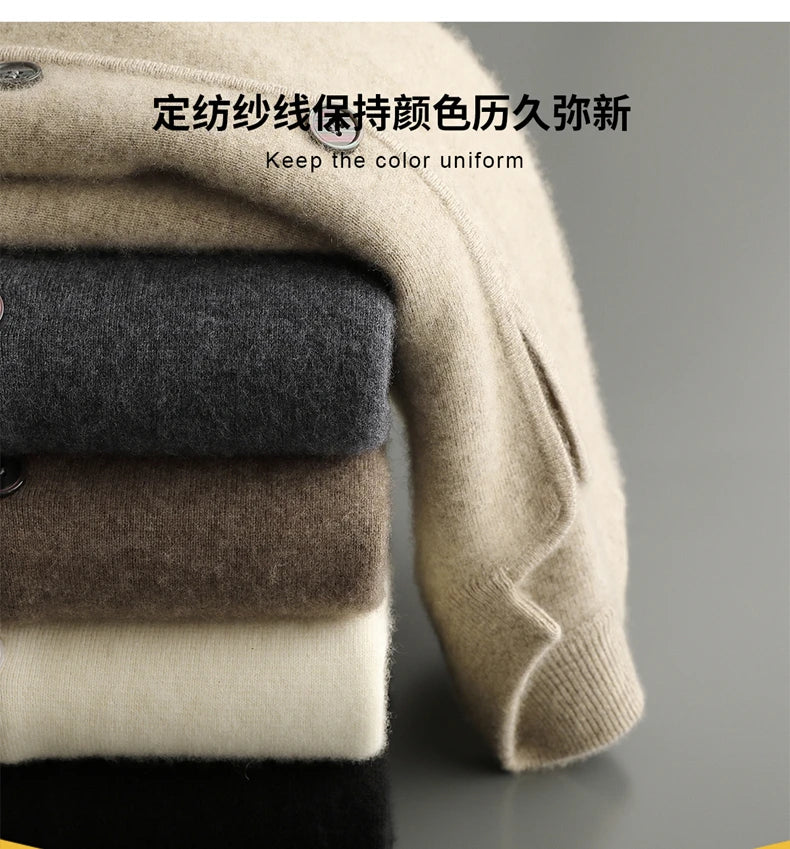DjzDsm New Autumn Winter Men's 100% Pure Cashmere Thick Button Cardigan Set Cashmere Knitted Casual Shorts 2-Piece Set Clothing