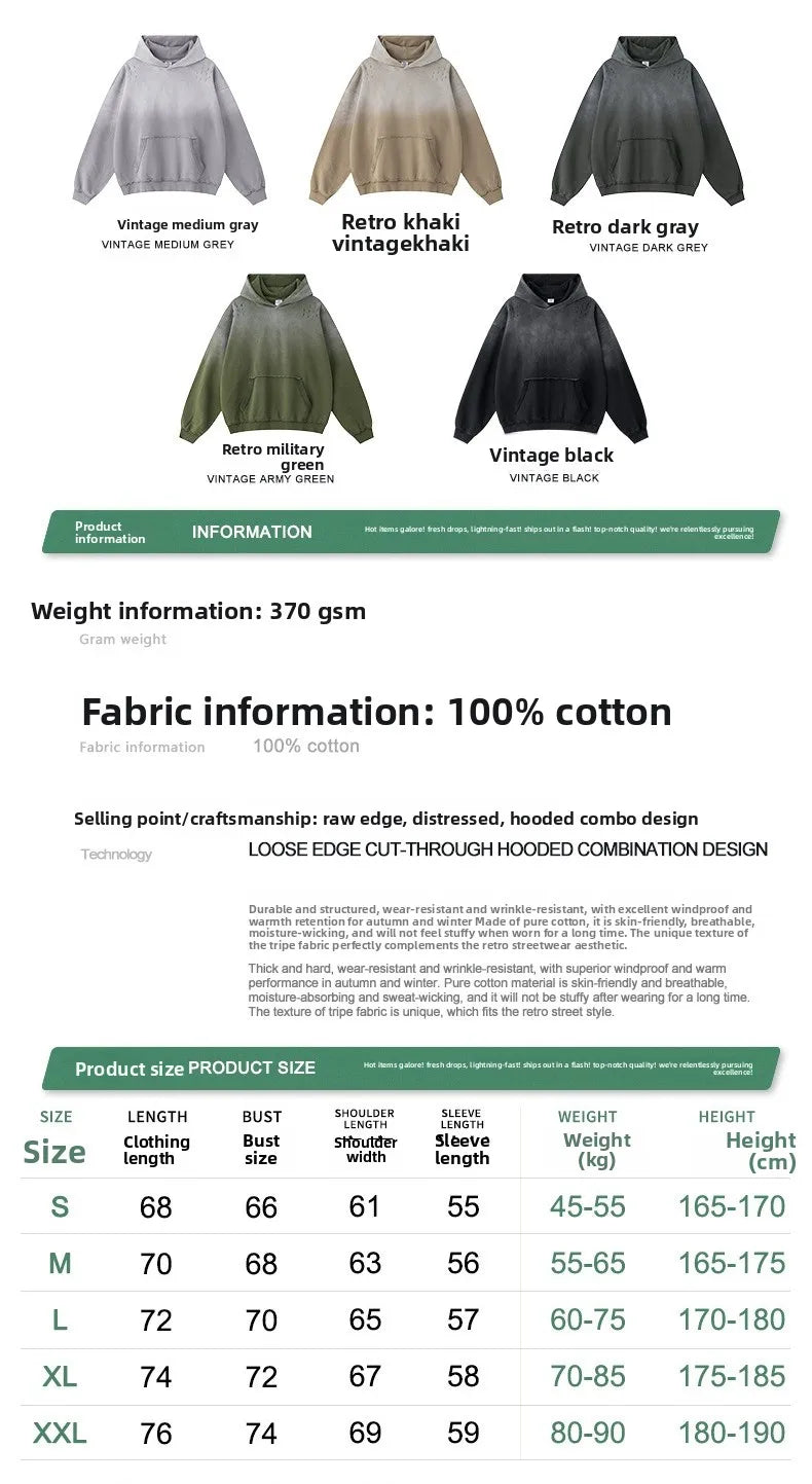 Custom LOGO men's 2025 autumn 370G heavy 100% cotton gradual change hole hooded sweater straight trousers set