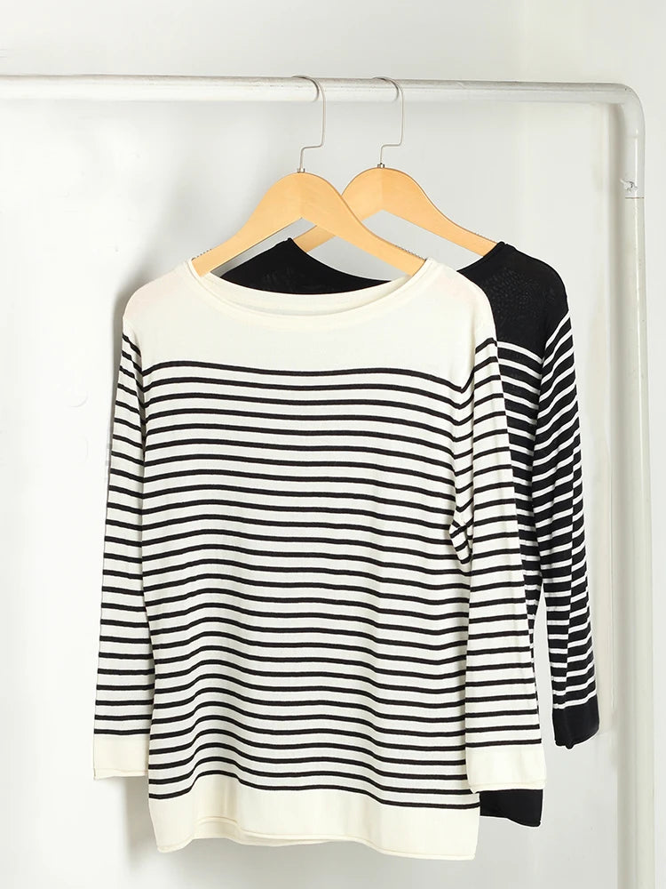 SuyaDream, Striped Pullovers for Woman, Round Neck, 45%Silk 55%Lyocell, 3/4 Sleeves, Chic Sweaters, 2025 Fall Winter Top, Black