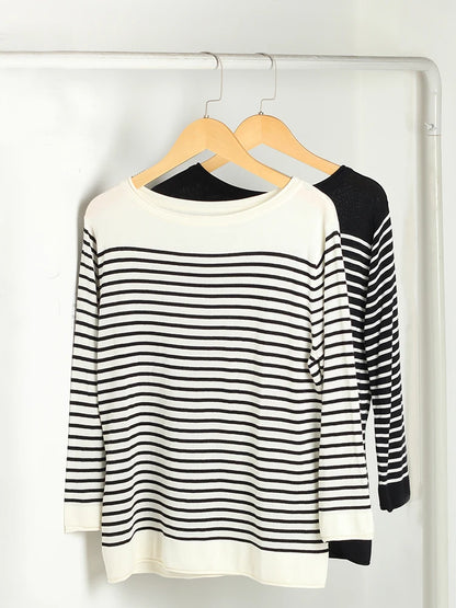 SuyaDream, Striped Pullovers for Woman, Round Neck, 45%Silk 55%Lyocell, 3/4 Sleeves, Chic Sweaters, 2025 Fall Winter Top, Black