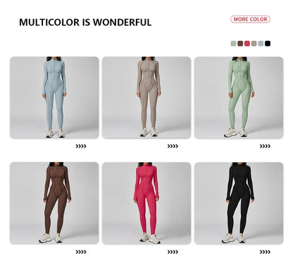 TRY TO BN Gym Jumpsuit Half Zipper Sports Stripe Fitness Bodysuit One-Piece Workout Activewear Tights Woman Suits Yoga Clothing