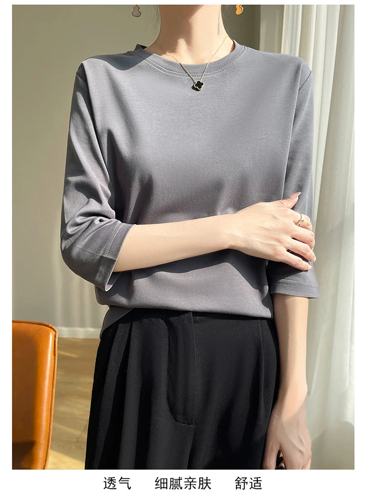 Spring And Summer New White Mercerized Cotton Short Sleeve T-Shirt Feminine Joker Cotton Cropped Sleeve Bottoming Shirt