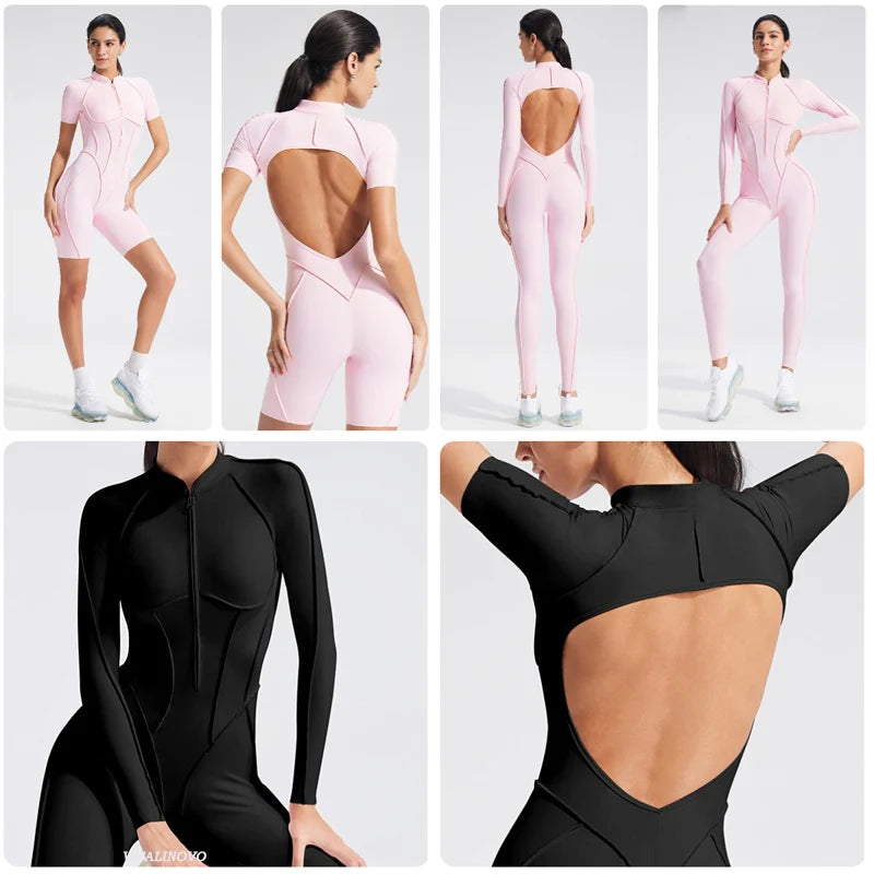 VITALINOVO Women Short Sleeve Workout Jumpsuit Backless Zip Up Romper Bottom Shorts Built-in Bra Bodysuit Bodycon Sexy One Piece