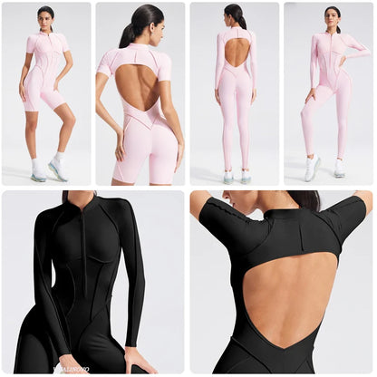 VITALINOVO Women Short Sleeve Workout Jumpsuit Backless Zip Up Romper Bottom Shorts Built-in Bra Bodysuit Bodycon Sexy One Piece