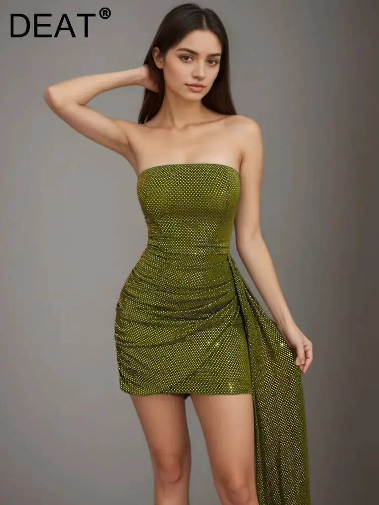 DEAT Fashion Sparkling Rhinestone Strapless Bodycon Dress Women's Slim Side Ribbon Green Mini Party Dresses New 7A3877