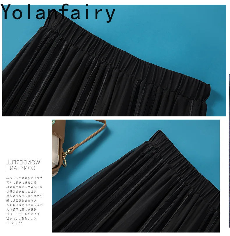 YOLANFAIRY 8mm 100% Real Mulberry Silk Skirts for Women 2026 Summer Solid Elastic Waist Skirt Woman Elegant Black Skirt Fashion
