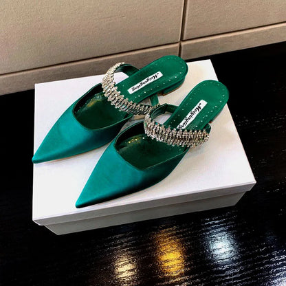 Women's 2022 Pump Summer New Rhinestone Chain Slippers High Heels Stiletto Pointed Shallow Mouth Silk Sandals Outer Wear