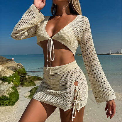 V Neck Long Sleeve Crochet Knitted 2 Pieces Suits Beach Cover Up Cover-ups Beach Dress Beach Wear Beachwear Female Women V6490